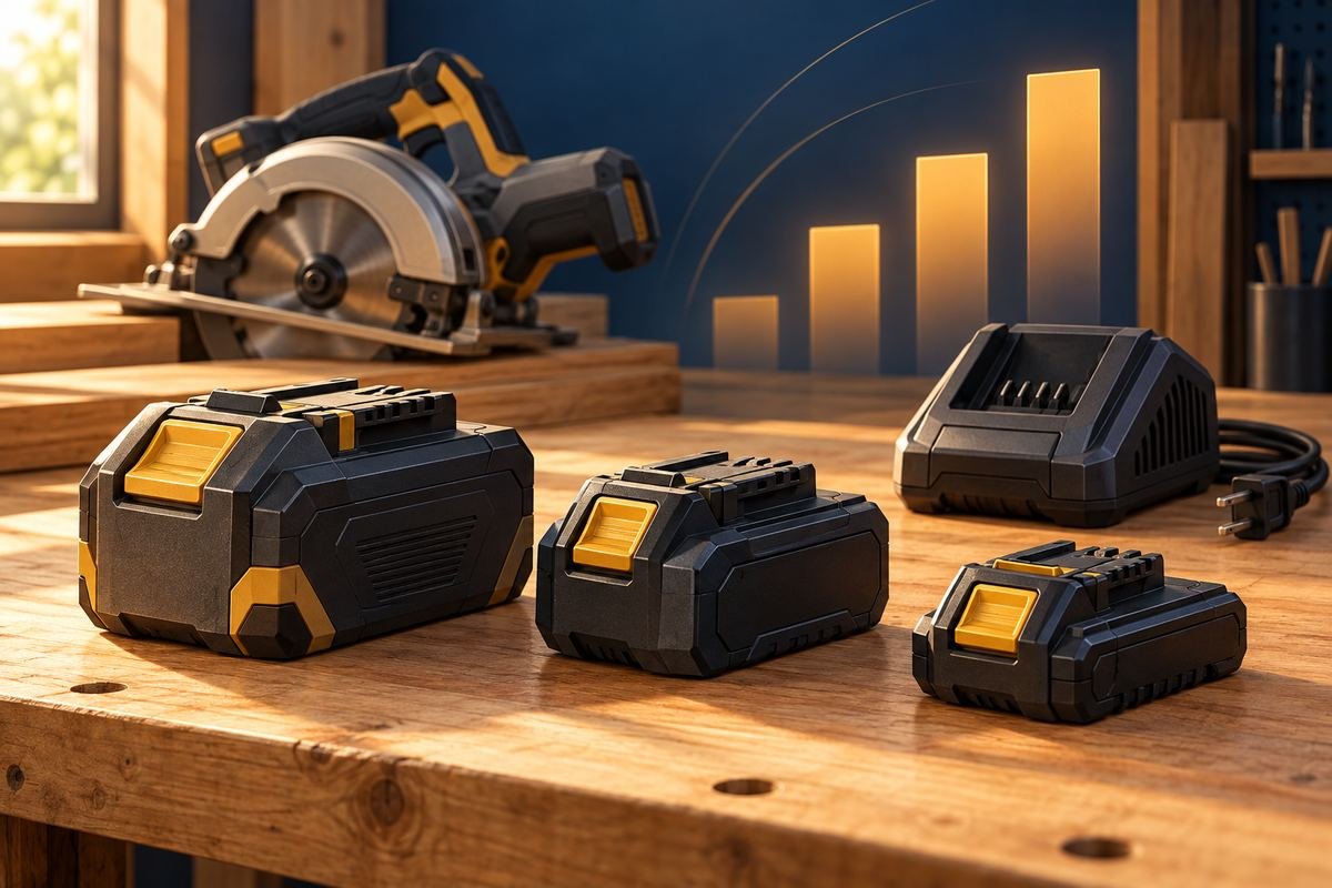 Battery watt hours editorial illustration of protected cordless tool packs on a workbench