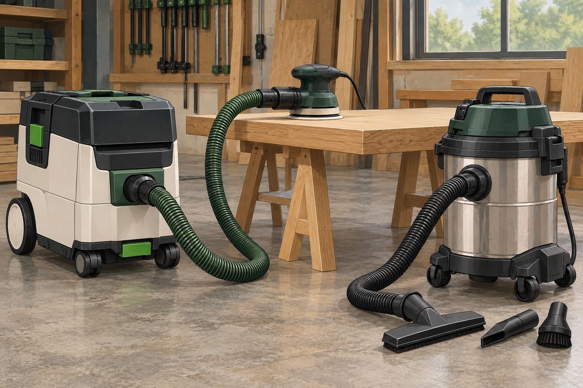 Dust extractor vs shop vac illustration showing two machines and organized workshop hoses