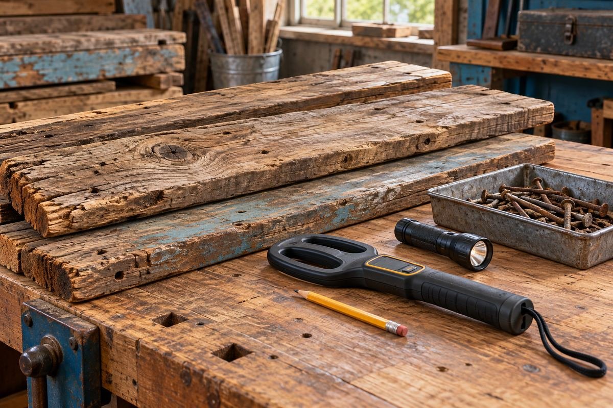 Reclaimed wood safety illustration with weathered boards, metal detector and removed fasteners