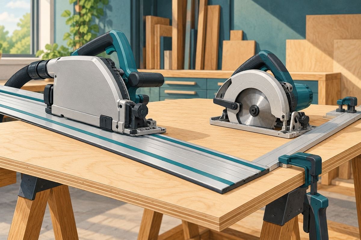 Track saw vs circular saw illustration with two guarded tools and plywood guides